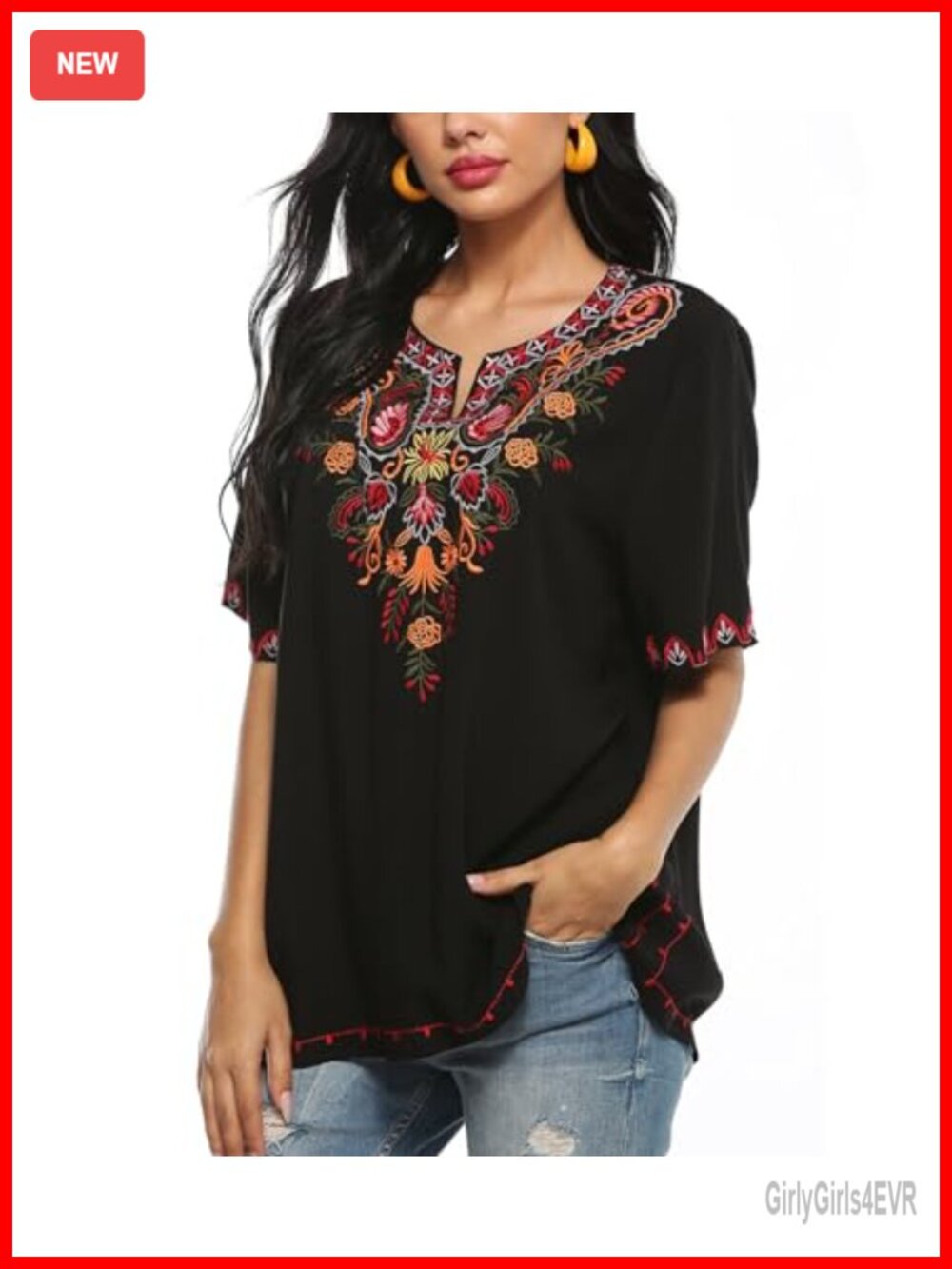 Mexican Embroidered Peasant Tunic Top Floral Boho Rayon Blouse